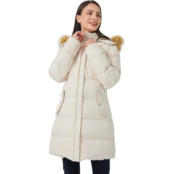 Women's Beige Winter Thicken Puffer Coat Warm Jacket With Removable Hood - Picture 3 of 6